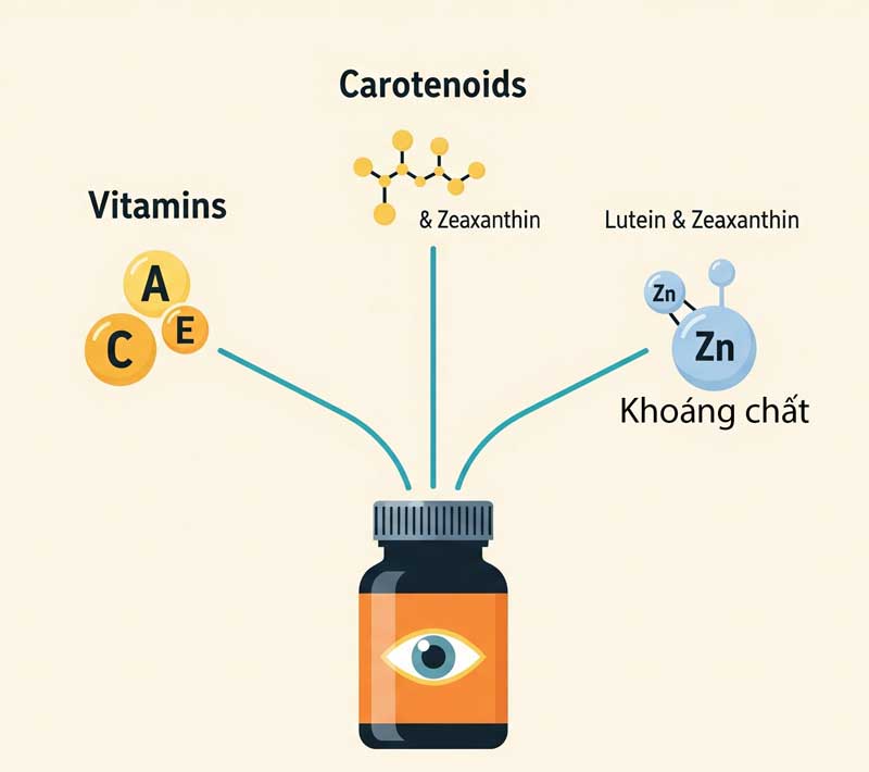 Các thành phần quan trọng trong thuốc bổ mắt như Vitamin, Lutein, Zeaxanthin và Kẽm