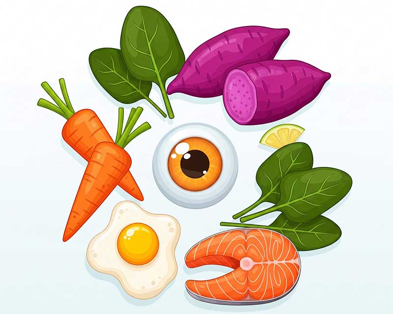Các loại thực phẩm giàu vitamin A tốt cho mắt như cà rốt, khoai lang, rau xanh