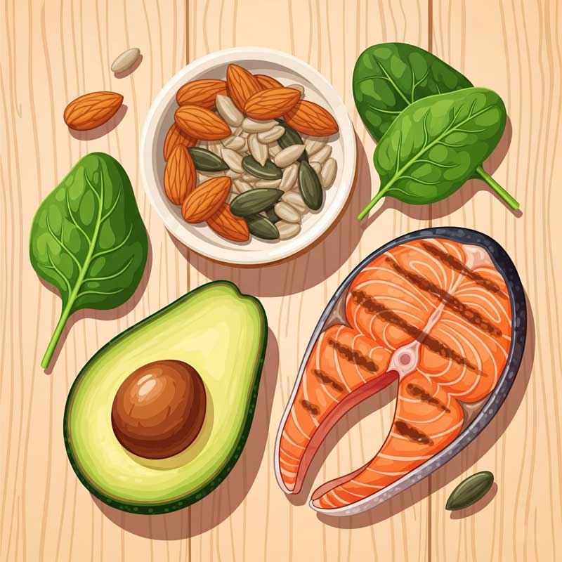 Các thực phẩm giàu Vitamin E tốt cho mắt như hạnh nhân, quả bơ, rau xanh và cá hồi