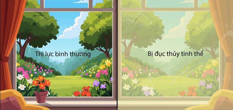 So sánh thị lực bình thường và thị lực của người bị đục thủy tinh thể